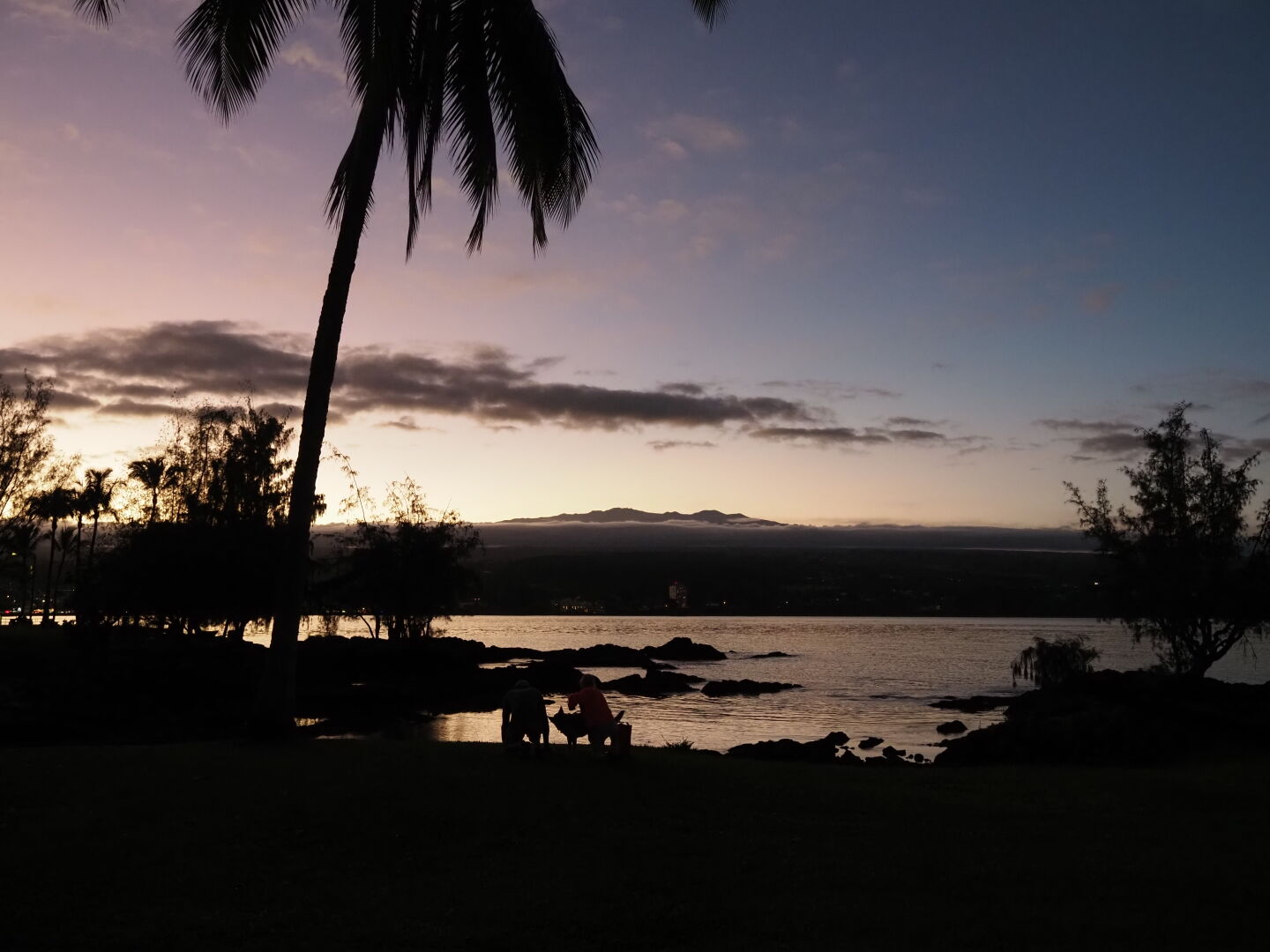 夕焼けの空の下マウナケアとヒロ湾の手前で犬と散歩している2人のシルエット